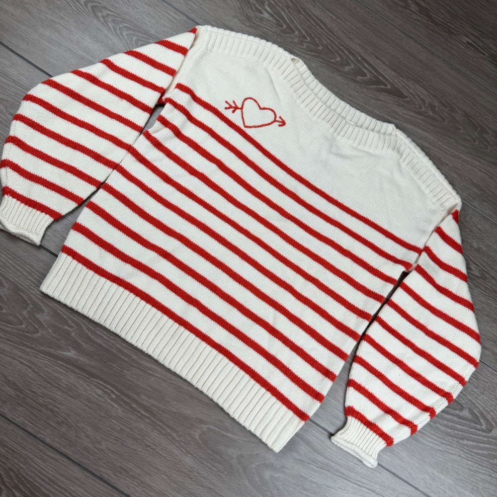 Loft Womens Sweater Heart Embroidered Striped Knit Red White MP